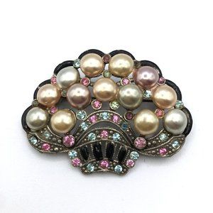 Vintage New England Glass Works Brooch Pastel Pearl Rhinestone Basket Brooch